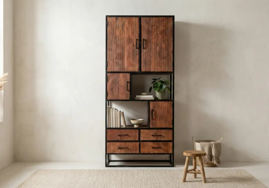 industriële wandkast zwart metaal en hout