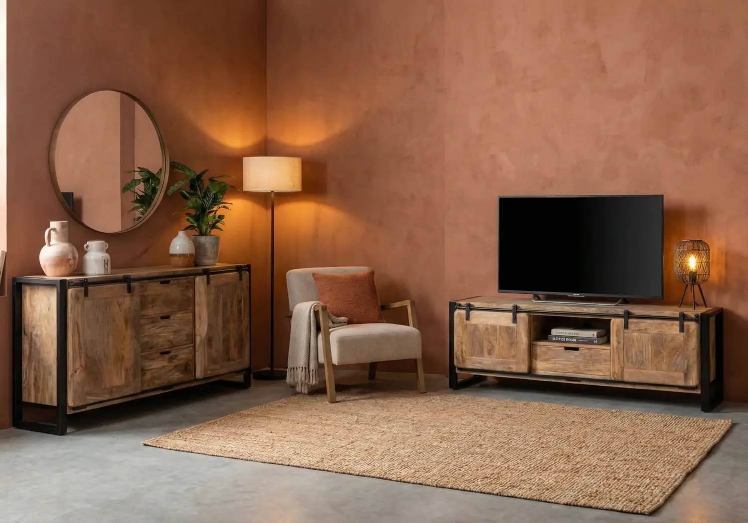 Industriële mangohouten eettafel in modern interieur